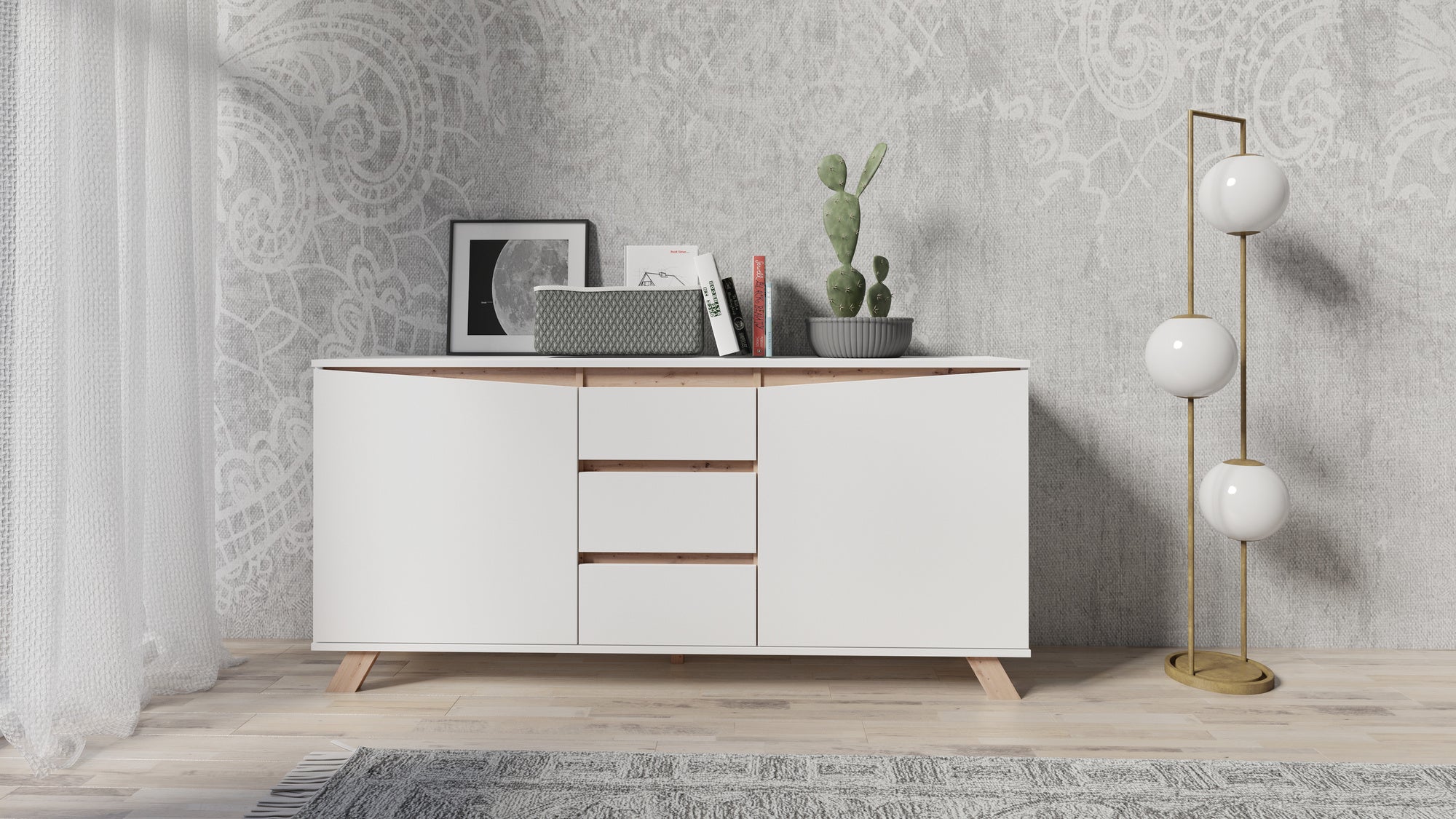 Sideboard VALENTIN / Kommode matt weiß oder anthrazit mit Absetzung in Eiche-Optik / Schrank mit 2 Türen und 3 Schubkästen / Im Scandi-Style / Grifflos / B 160, H 80, T 38 cm