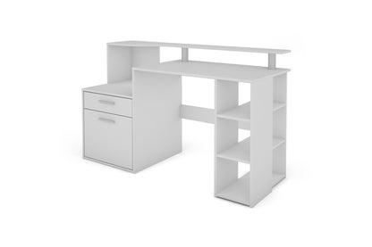 Schreibtisch LOUIS / Inkl. 1 Tür + 1 Schubkasten + 3 offenen Fächern / Weiß / Computertisch / XXL-Tisch / Arbeitstisch / Holztisch / Bürotisch / 140 x 89 x 55 cm (BxHxT)