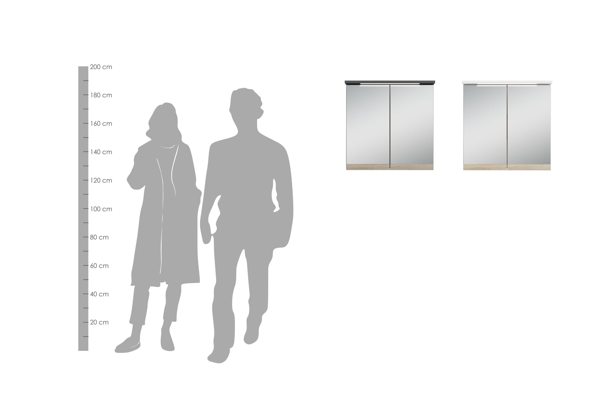 Badezimmer Spiegelschrank Marino mit LED-Beleuchtung und Steckdose / Moderner, 2-türiger Spiegel Hängeschrank in schnee-weiß matt und Absetzung Sonoma Eiche / Wandschrank mit Spiegeltüren / B 60, H 60, T 20 cm
