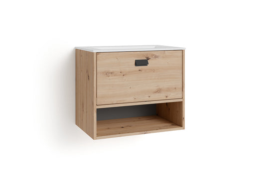 Waschtisch WELLNESS in Artisan Eiche, Griff aus Metall in schwarz / mit einer großen Schublade und ein offenes Fach / B 60, H 50, T 40 cm