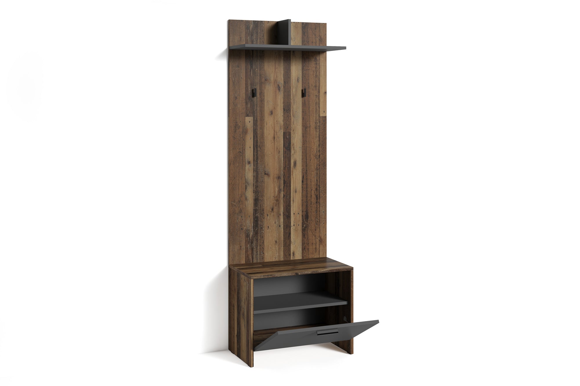Wandpaneele BEN / Garderobe in Artisan Eiche (Eiche-Optik), Old Wood (Altholz-Optik) oder weiß / mit zwei Kleiderhaken und Hutablage / Flurgarderobe für die Wand / B 60, H 136, T 27 cm