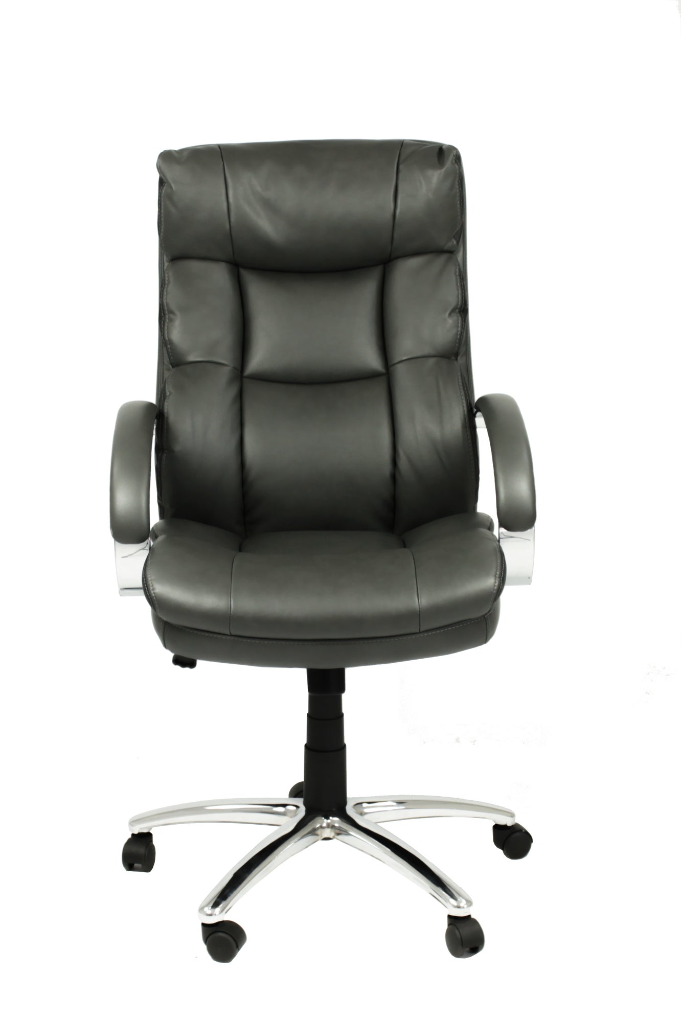 Chefsessel Paul-XXL/ bis 150 kg belastbar /Federkern-Sitz /Gestell Metall verchromt /Armlehnen gepolstert/Bezug Kunstleder dunkelgrau /Absatz schwarz /B 64, H 108-118, T 72 cm