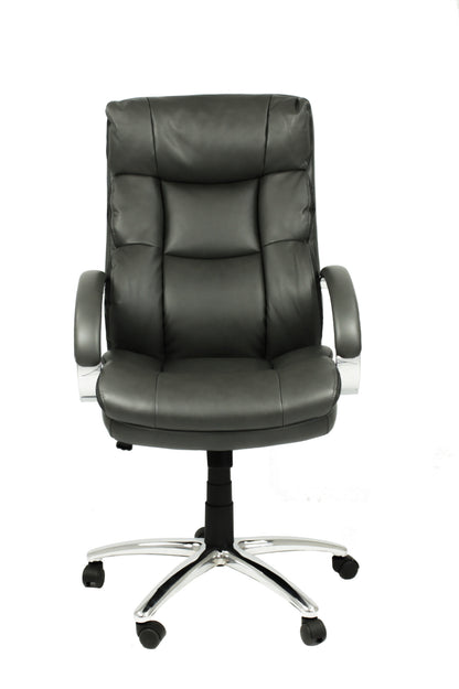 Chefsessel Paul-XXL/ bis 150 kg belastbar /Federkern-Sitz /Gestell Metall verchromt /Armlehnen gepolstert/Bezug Kunstleder dunkelgrau /Absatz schwarz /B 64, H 108-118, T 72 cm