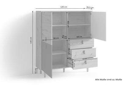 Highboard BILL / Wohnzimmerschrank Artisan Eiche Optik hellbraun / Schrank mit 3 Tür und 3 Schubkästen / Sideboard mit Fronten in weiß und grau / Schlaufen-Griffe / B 120, H 135, T 36,5 cm