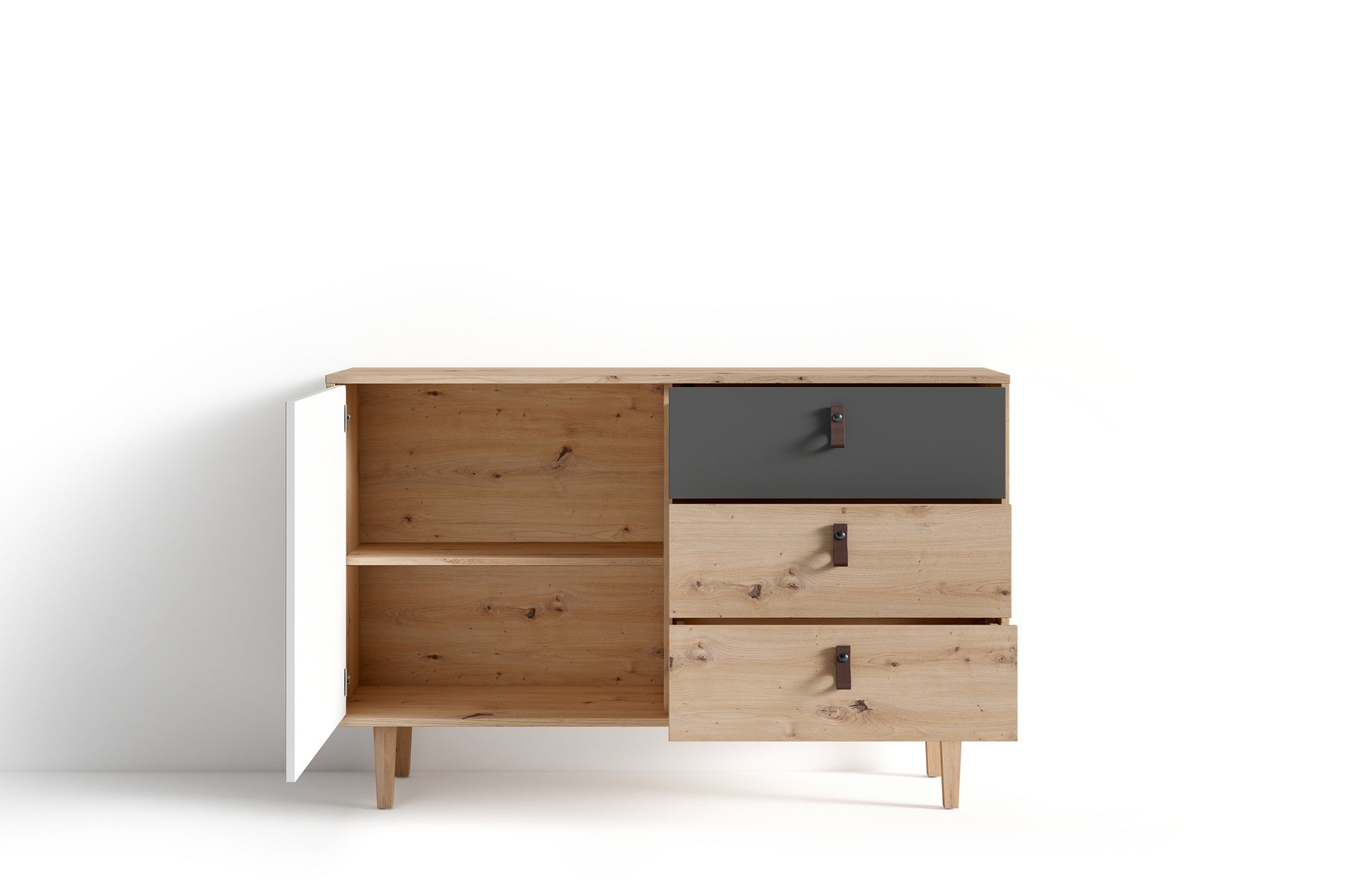 Sideboard BILL / Kommode Artisan Eiche Optik hellbraun / Schrank mit 1 Tür und 3 Schubkästen / Fronten in weiß und grau / Schlaufen-Griffe / B 120, H 77, T 36,5 cm