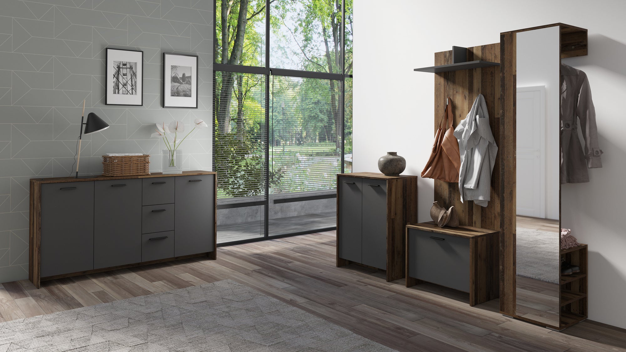 Flurgarderobe BEN / Garderobe Artisan Eiche (Eiche-Optik), Old Wood (Altholz-Optik), weiß oder anthrazit / mit Spiegel / Spiegelschrank für den Flur mit Kleiderstange und Ablage / B 40, H 184, T 35 cm