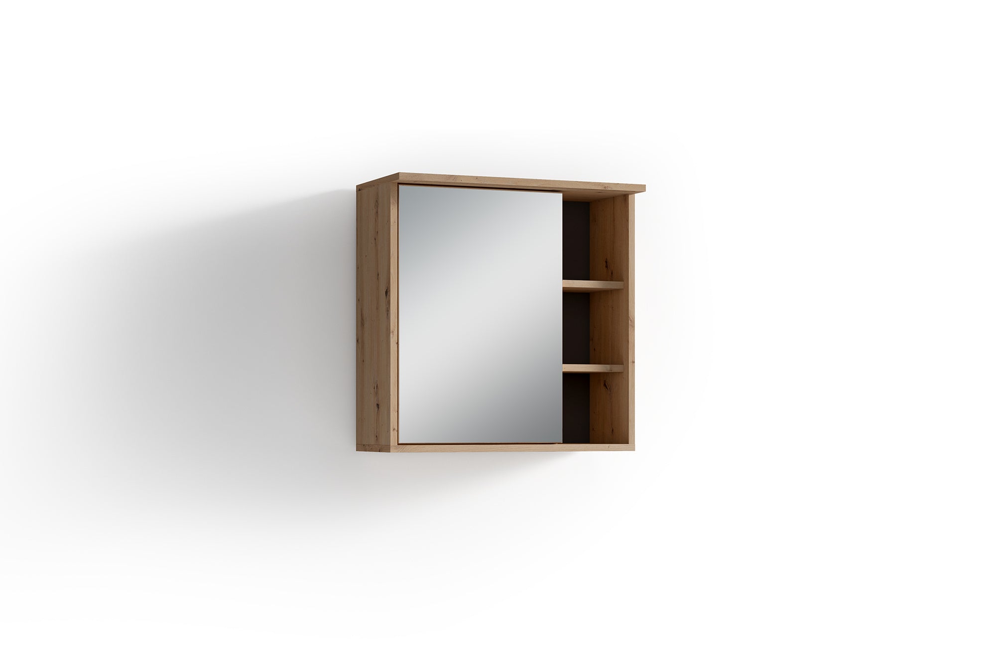 Badezimmer Spiegelschrank WELLNESS mit LED-Beleuchtung &amp; Steckdose / Moderner, 1-türiger Spiegel Hängeschrank in Artisan Eiche oder Weiß / Wandschrank mit Spiegeltür / B 60, H 61, T 28 cm