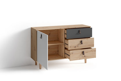 Sideboard BILL / Kommode Artisan Eiche Optik hellbraun / Schrank mit 1 Tür und 3 Schubkästen / Fronten in weiß und grau / Schlaufen-Griffe / B 120, H 77, T 36,5 cm