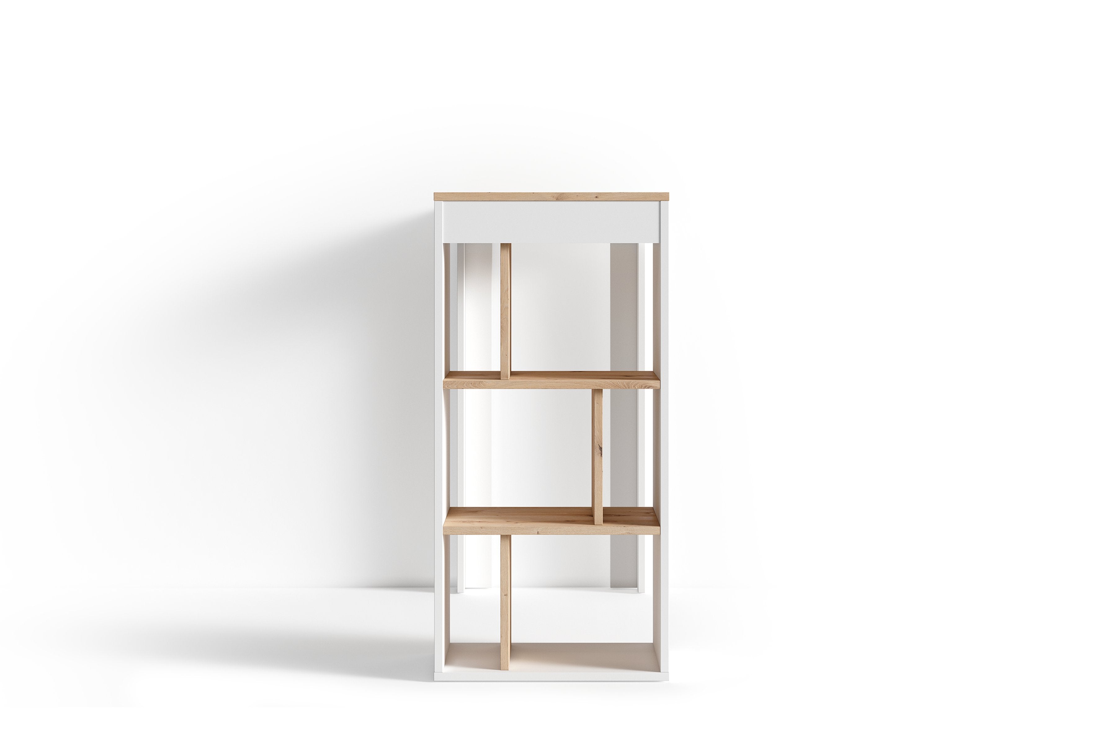 Bartisch MOBY / Moderner Küchentisch in Weiß / Tischplatte und Regale in Eichen-Holz-Optik Hell-Braun / Hoher Esstisch / Skandinavisches Design / B 110, H 104, T 50 cm