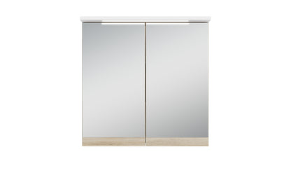 Badezimmer Spiegelschrank Marino mit LED-Beleuchtung und Steckdose / Moderner, 2-türiger Spiegel Hängeschrank in schnee-weiß matt und Absetzung Sonoma Eiche / Wandschrank mit Spiegeltüren / B 60, H 60, T 20 cm