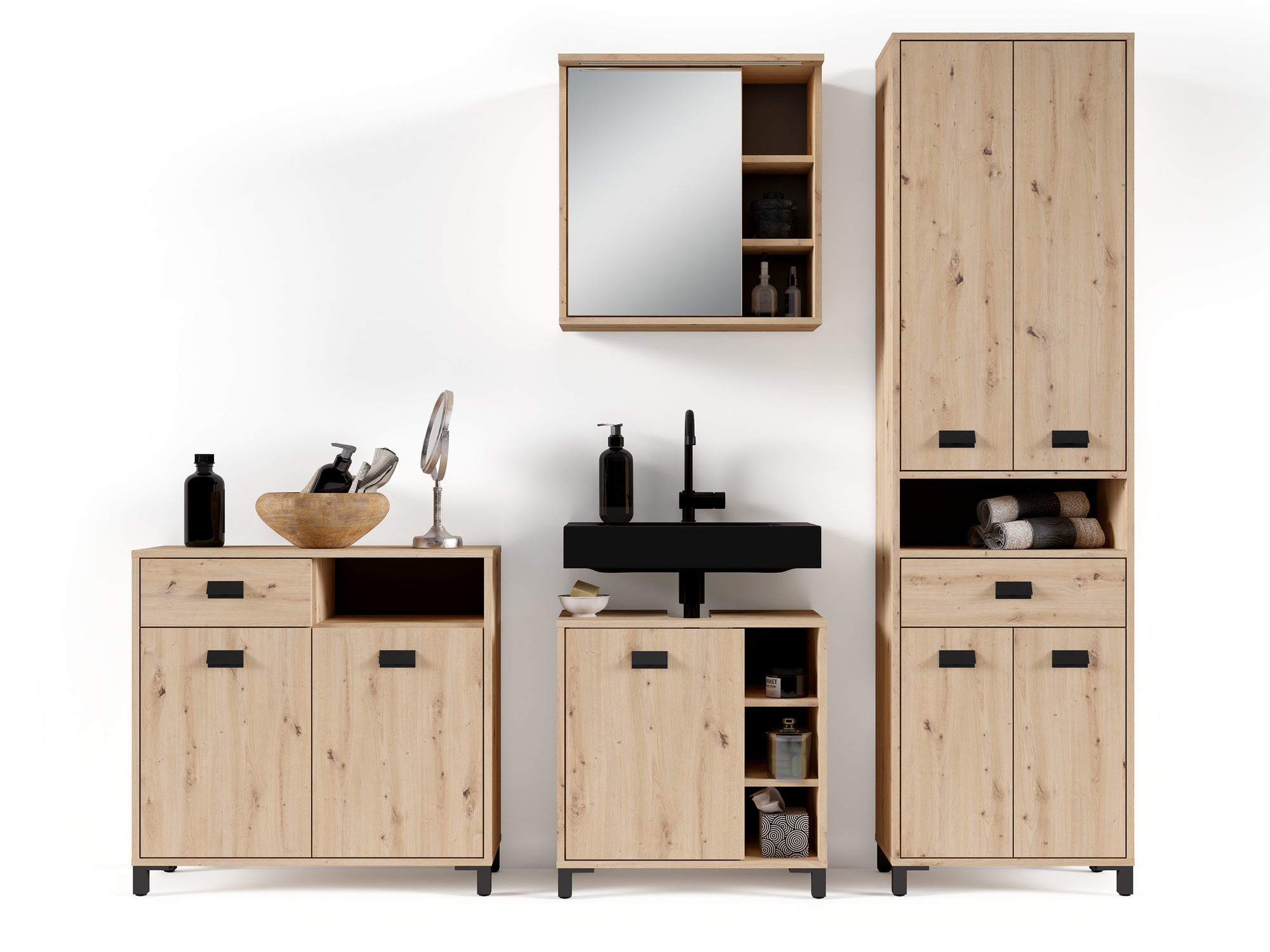 Badezimmer Kommode WELLNESS in Artisan Eiche, Griffe aus Metall in schwarz / Badschrank mit einer Schublade und zwei Türen / B 80,5, H 77,5, T 31 cm