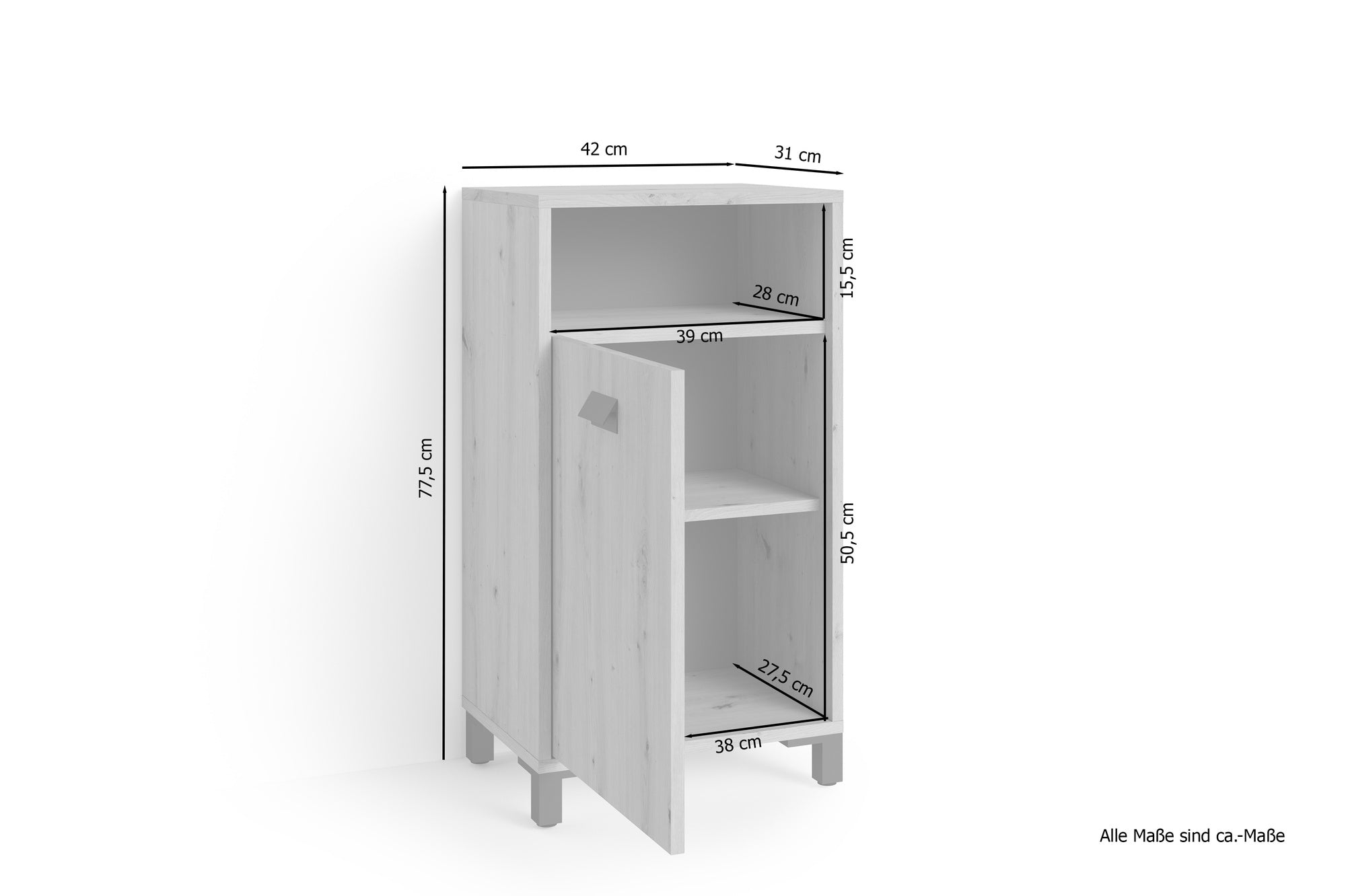 Badezimmer Seitenschrank WELLNESS in Artisan Eiche, Griff aus Metall in schwarz / Badschrank mit einem offenen Fach und einer Tür / B 42, H 77,5, T 31 cm