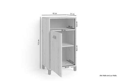 Badezimmer Seitenschrank WELLNESS in Artisan Eiche, Griff aus Metall in schwarz / Badschrank mit einem offenen Fach und einer Tür / B 42, H 77,5, T 31 cm