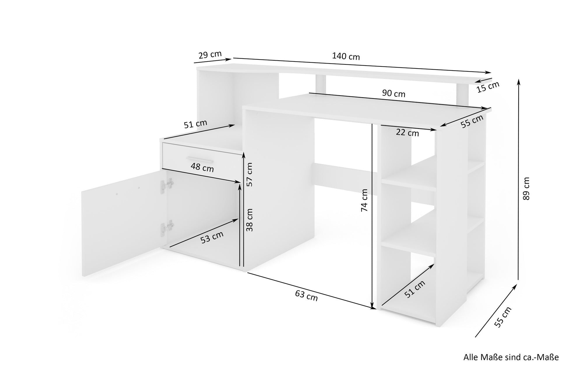 Schreibtisch LOUIS / Inkl. 1 Tür + 1 Schubkasten + 3 offenen Fächern / Weiß / Computertisch / XXL-Tisch / Arbeitstisch / Holztisch / Bürotisch / 140 x 89 x 55 cm (BxHxT)
