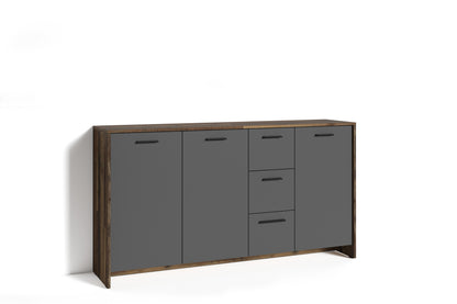Kommode BEN / Sideboard mit 3 Türen und 3 Schubkasten / Schuhschrank in Old Wood-Optik mit Fronten in anthrazit / Schrank in Altholz-Optik / Griffe schwarz / B 153, H 83, T 35 cm