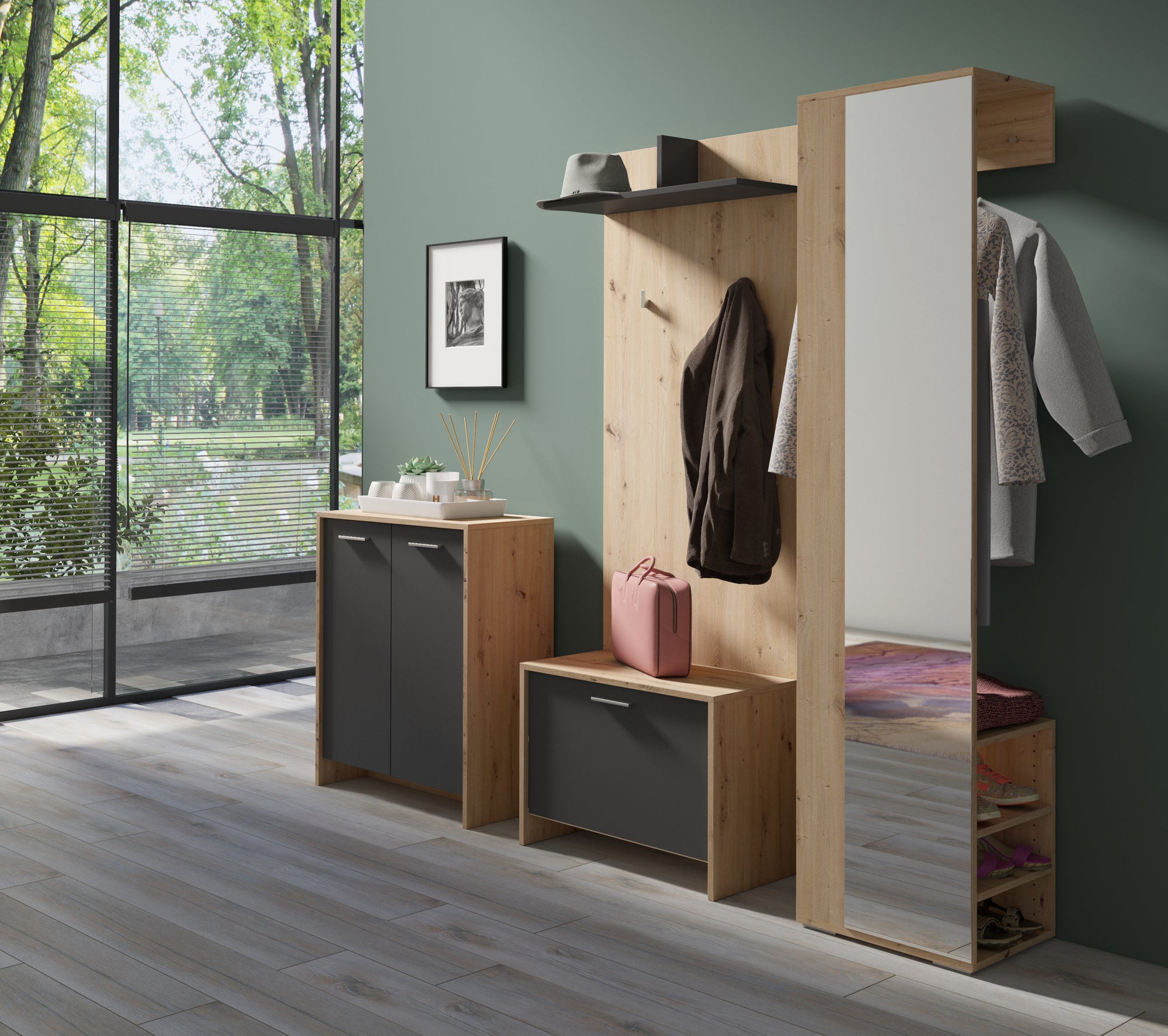 Flurgarderobe BEN / Garderobe Artisan Eiche (Eiche-Optik), Old Wood (Altholz-Optik), weiß oder anthrazit / mit Spiegel / Spiegelschrank für den Flur mit Kleiderstange und Ablage / B 40, H 184, T 35 cm