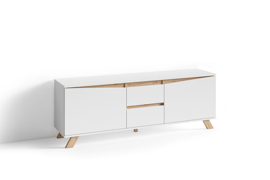 TV-Board VALENTIN / Lowboard matt weiß oder anthrazit mit Absetzung in Eiche-Optik / Fernsehtisch mit 2 Türen und 2 Schubkästen / Fernsehschrank im Scandi-Style / Grifflos / B 160, H 60, T 38 cm