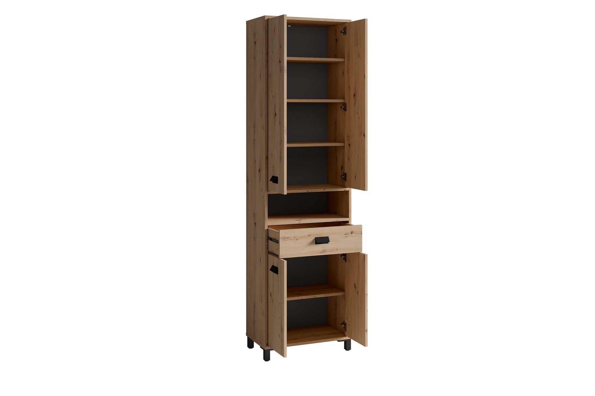 Badezimmer-Hochschrank WELLNESS in Artisan Eiche, Griffe aus Metall in schwarz / Badezimmerschrank 4 Türen mit offenen Elementen &amp; viel Stauraum / B 54, H 193, T 31 cm