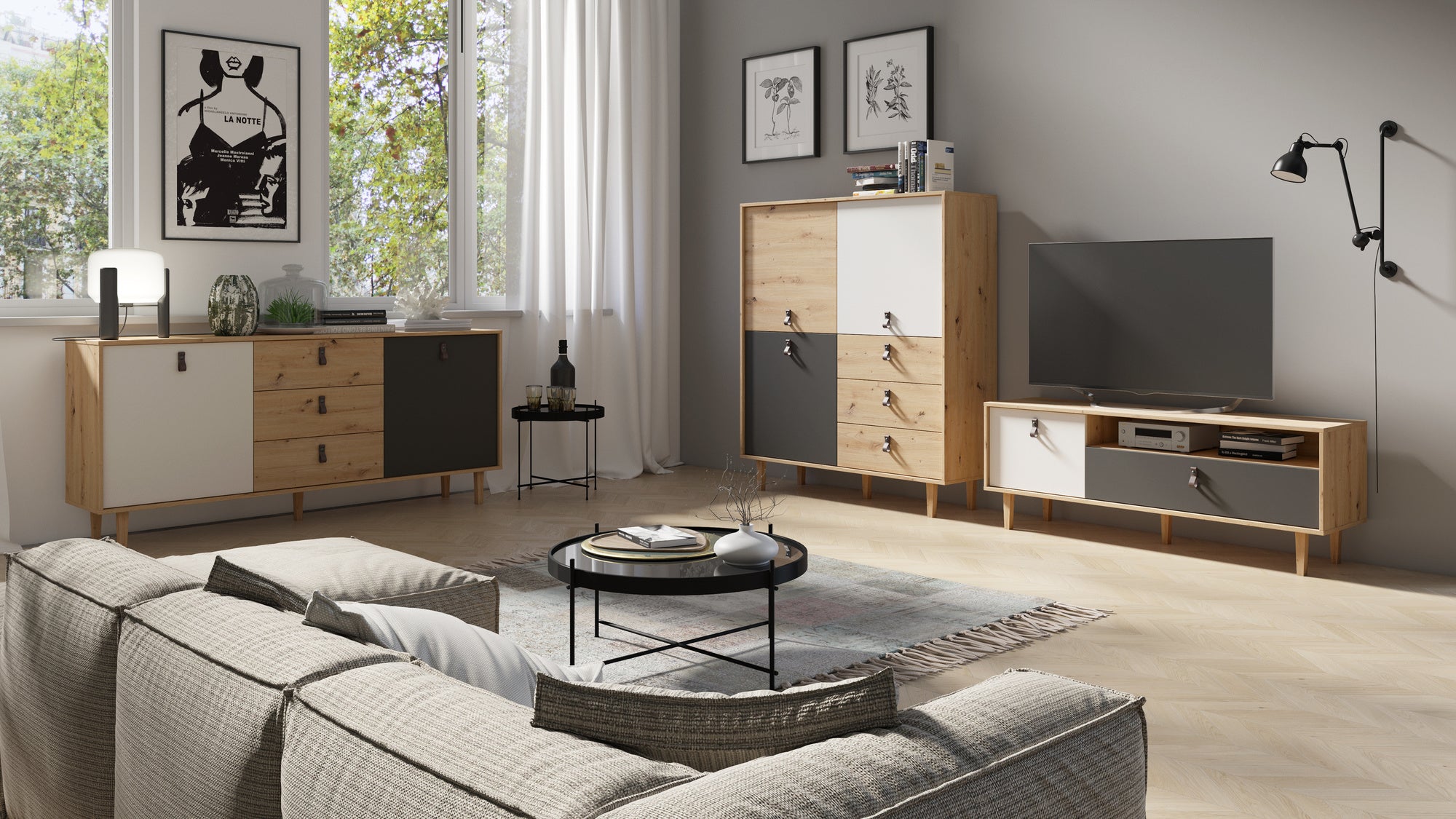 Highboard BILL / Wohnzimmerschrank Artisan Eiche Optik hellbraun / Schrank mit 3 Tür und 3 Schubkästen / Sideboard mit Fronten in weiß und grau / Schlaufen-Griffe / B 120, H 135, T 36,5 cm