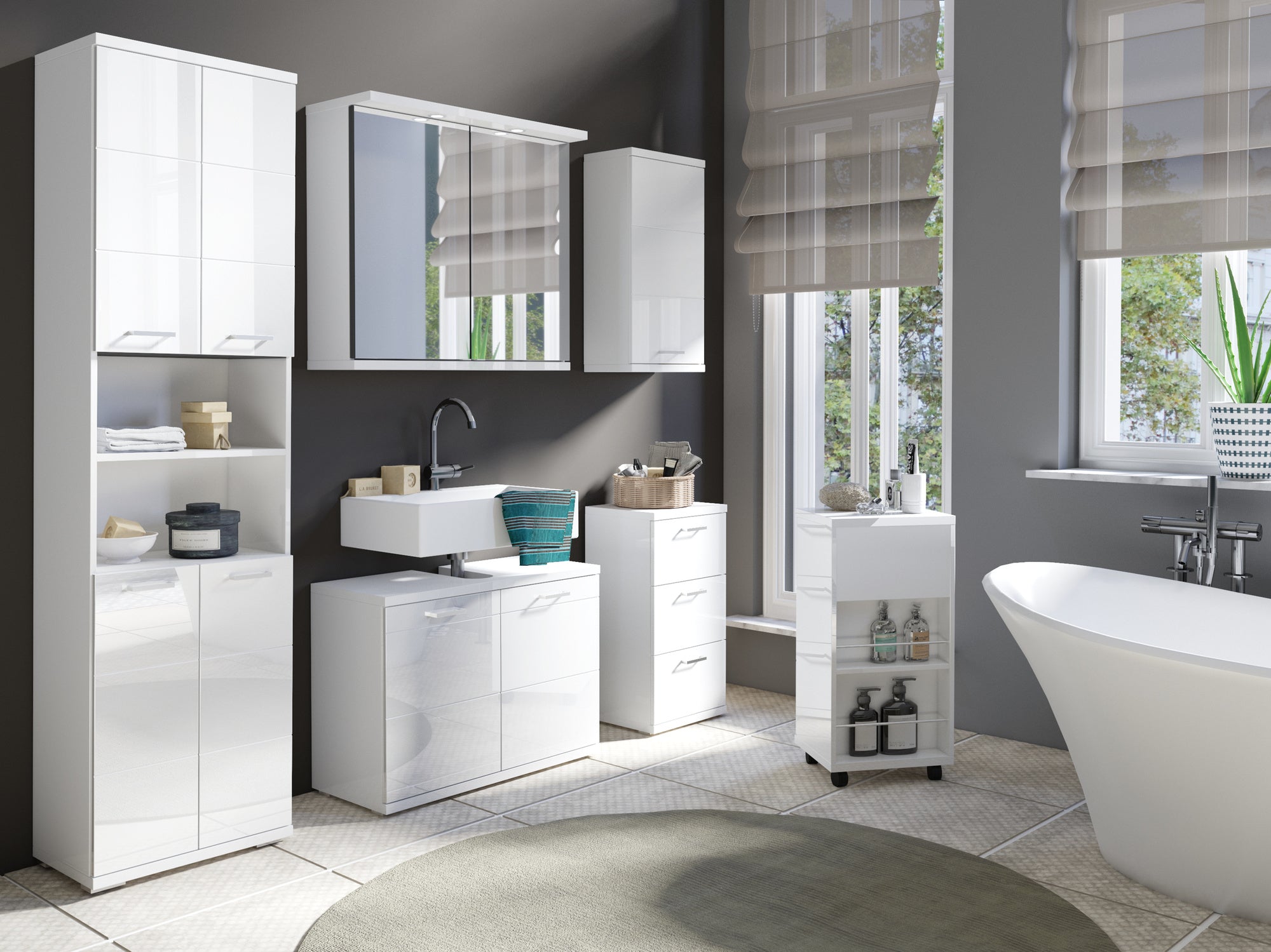 Badezimmer-Hochschrank NEBRASKA / in anthrazit, Sonoma Eiche (Eiche-Optik) oder weiß / B 50, H 192, T 31,5 cm / 4 Türen mit offenen Elementen &amp; viel Stauraum