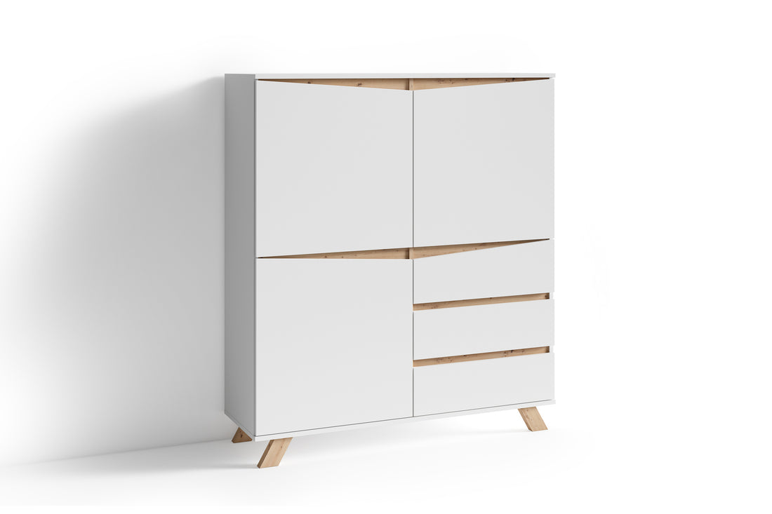 Highboard VALENTIN / Sideboard matt weiß oder anthrazit mit Absetzung in Eiche-Optik / Wohnzimmer-Schrank mit 3 Türen und 3 Schubkästen / Im Scandi-Style / Grifflos / B 120, H 137, T 38 cm