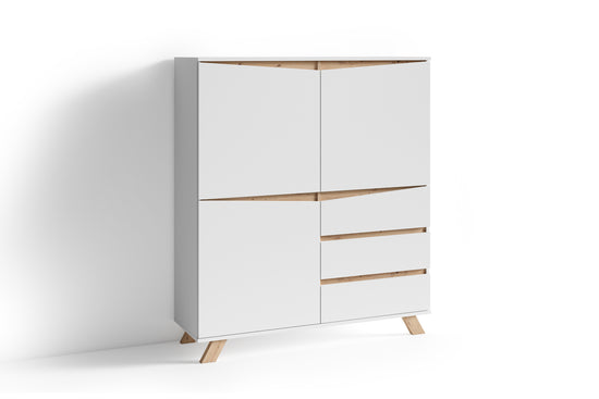 Highboard VALENTIN / Sideboard matt weiß oder anthrazit mit Absetzung in Eiche-Optik / Wohnzimmer-Schrank mit 3 Türen und 3 Schubkästen / Im Scandi-Style / Grifflos / B 120, H 137, T 38 cm