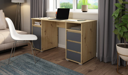 Schreibtisch LOBO / Arbeits-Tisch in weiß, Artisan Eiche (Eiche-Optik) oder Old Wood (Altholz-Optik) / Computer-Tisch mit 3 Schubladen, 1 Tür und 2 offenen Fächern / Große Arbeits-Fläche 138 x 55cm / Bürotisch / 138x75x55 cm (BxHxT)