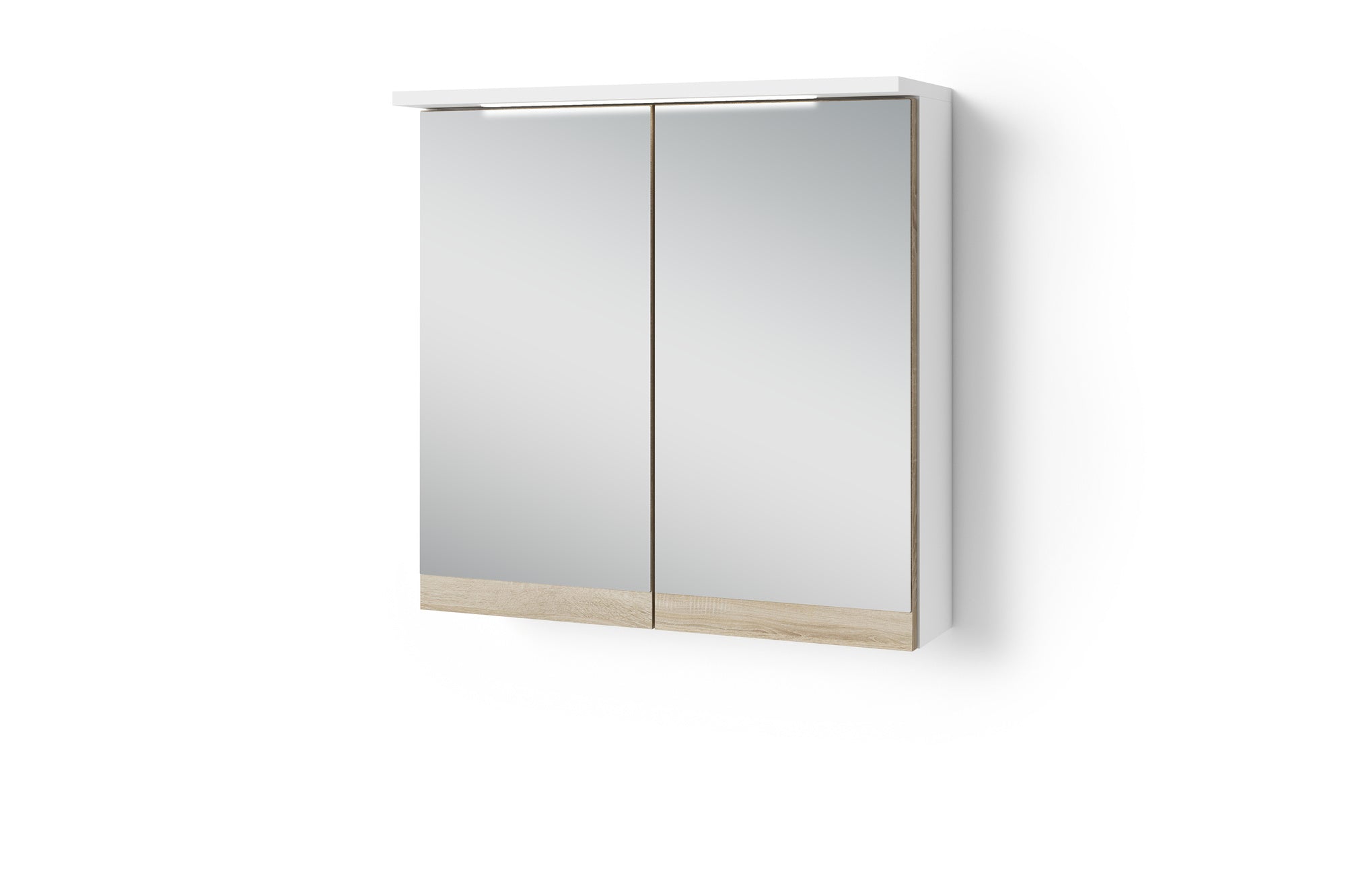Badezimmer Spiegelschrank Marino mit LED-Beleuchtung und Steckdose / Moderner, 2-türiger Spiegel Hängeschrank in schnee-weiß matt und Absetzung Sonoma Eiche / Wandschrank mit Spiegeltüren / B 60, H 60, T 20 cm