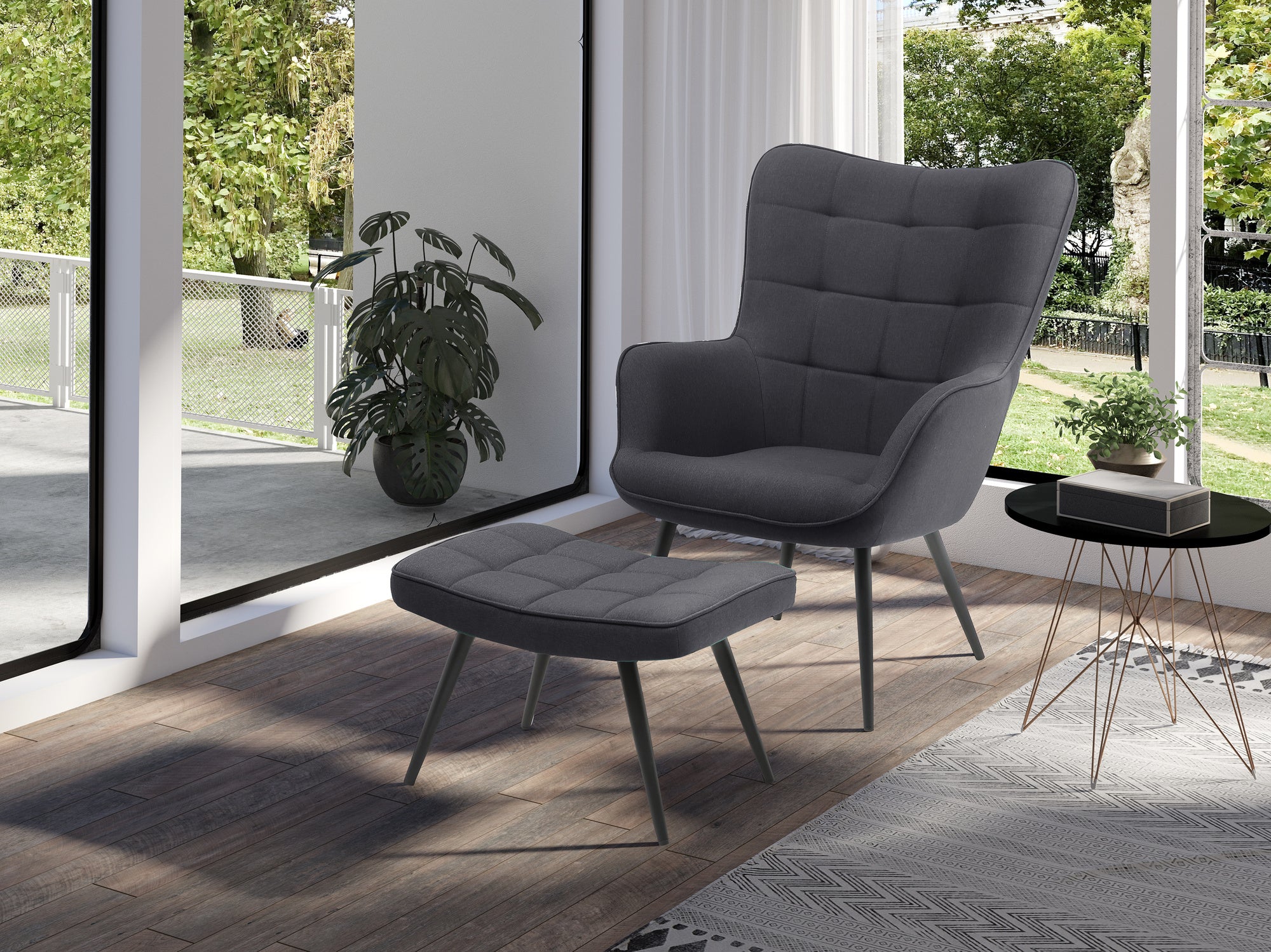 Sessel Uta / Cord grau, Samt schwarz, Webstoff dunkelgrau, Samt dunkelgrün, Webstoff sandfarben / Gestell schwarz pulverbeschichtet / Relaxsessel / Armlehnen-Sessel / B 72, H 97, T 80 cm