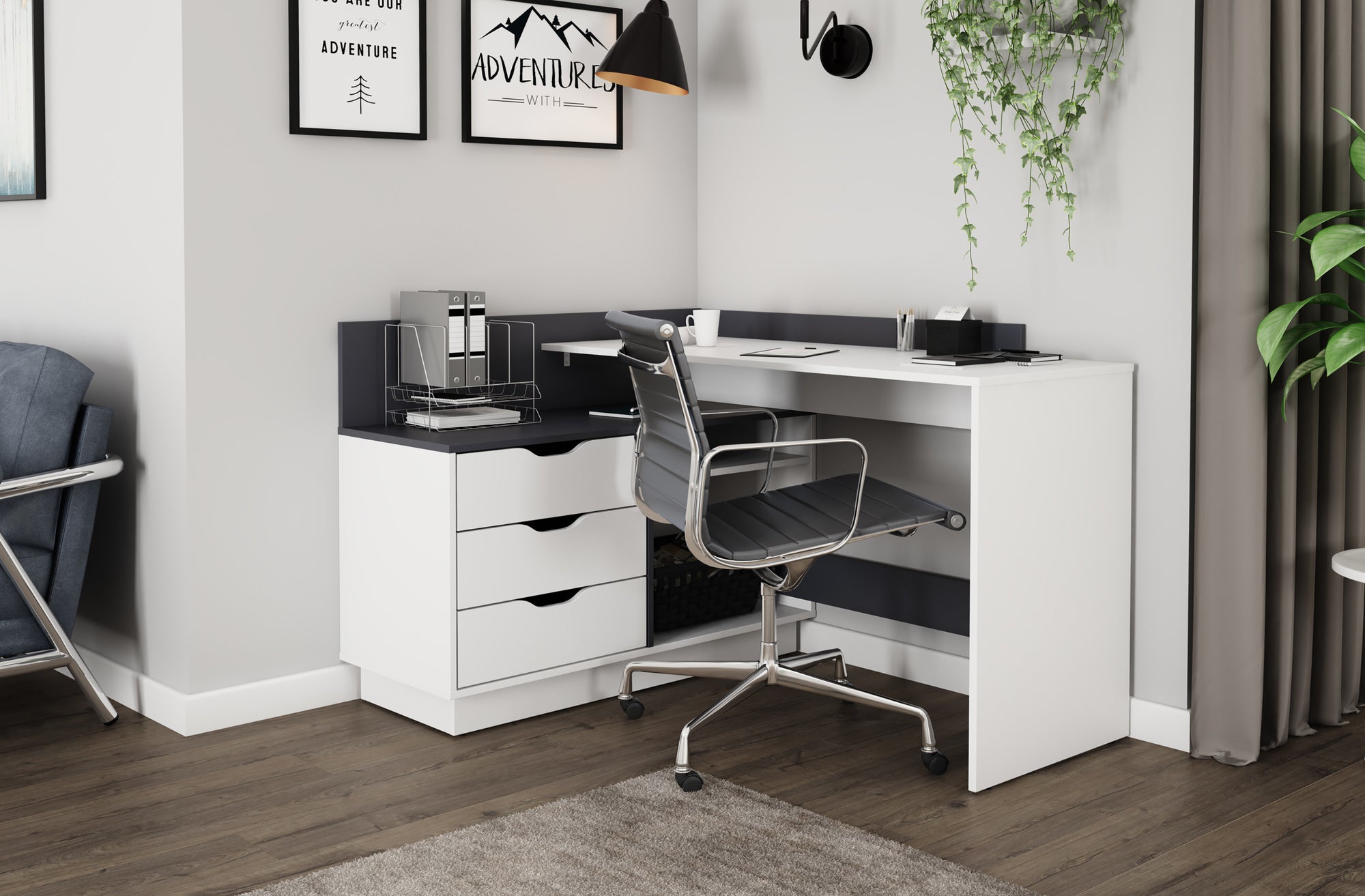 Winkelschreibtisch BELFAST / Rechts oder Links montierbar / 3 Schubkästen / Anthrazit, Weiß-Anthrazit, Artisan Eiche (Eiche-Optik) oder Old Wood (Altholz-Optik) /Bürotisch / Eckschreibtisch / Schreibtisch / B 129, H 83,5, T 105 cm