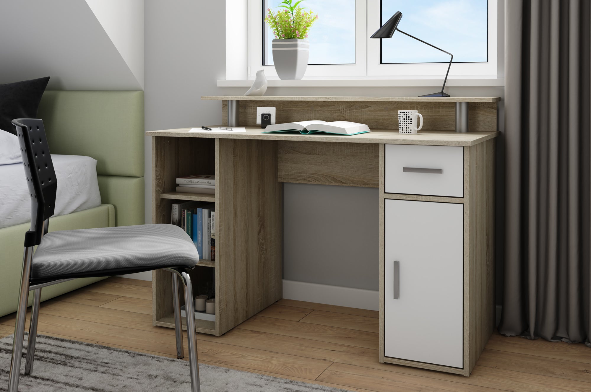 Schreibtisch DIEGO / Arbeits-Tisch mit viel Stauraum in Sonoma Eiche (Eiche-Optik), weiß, Old Wood (Altholz-Optik) / Computer-Tisch / 1 Schublade, 1 Tür, 3 offene Fächer / 120x88x55cm (BxHxT)