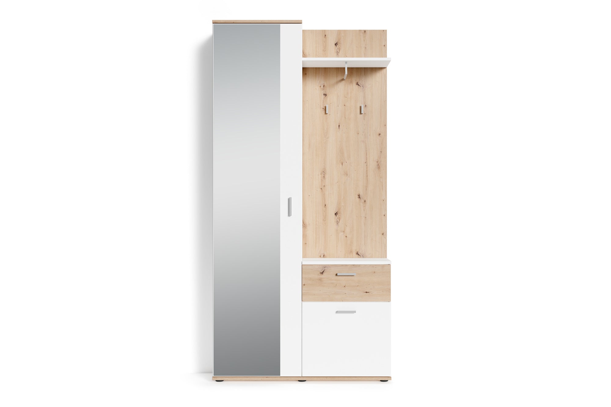 Kompakt-Garderobe JAKOB / in Old Wood (Altholz-Optik), Artisan Eiche (Eiche-Optik) oder weiß / Garderobe mit großer Spiegeltür / Fest montiertes Set / Kommode / Schuh-Schrank / B 97, H 195, T 30 cm