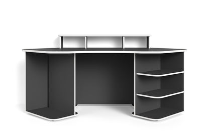 Schreibtisch THANATOS / Gaming-Tisch in Schwarz mit Kanten in rot, weiß oder schwarz / Eck-Schreibtisch mit viel Stauraum und XXL Tischplatte / Computer-Tisch / mit Ausatz / 198x76x85cm (BxHxT)