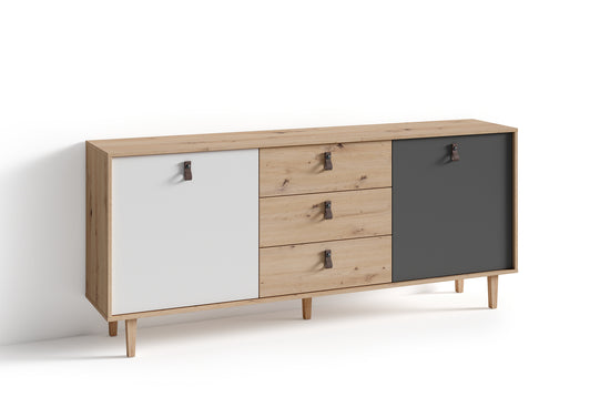 Sideboard BILL / Kommode Artisan Eiche Optik hellbraun / Schrank mit 1 Tür und 3 Schubkästen / Fronten in weiß und grau / Schlaufen-Griffe / B 180, H 77, T 36,5 cm
