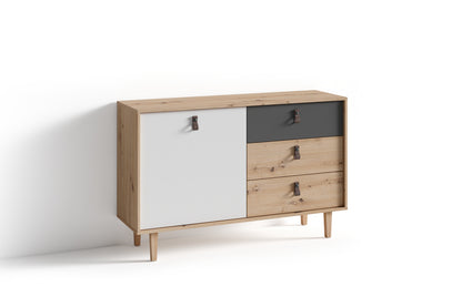 Sideboard BILL / Kommode Artisan Eiche Optik hellbraun / Schrank mit 1 Tür und 3 Schubkästen / Fronten in weiß und grau / Schlaufen-Griffe / B 120, H 77, T 36,5 cm
