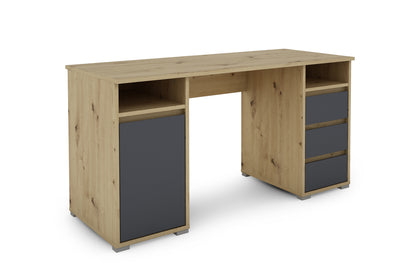 Schreibtisch LOBO / Arbeits-Tisch in weiß, Artisan Eiche (Eiche-Optik) oder Old Wood (Altholz-Optik) / Computer-Tisch mit 3 Schubladen, 1 Tür und 2 offenen Fächern / Große Arbeits-Fläche 138 x 55cm / Bürotisch / 138x75x55 cm (BxHxT)