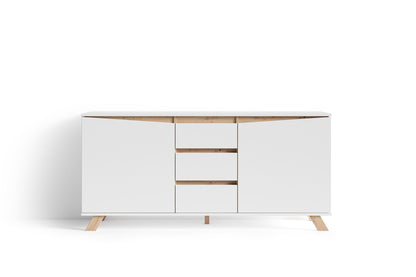 Sideboard VALENTIN / Kommode matt weiß oder anthrazit mit Absetzung in Eiche-Optik / Schrank mit 2 Türen und 3 Schubkästen / Im Scandi-Style / Grifflos / B 160, H 80, T 38 cm