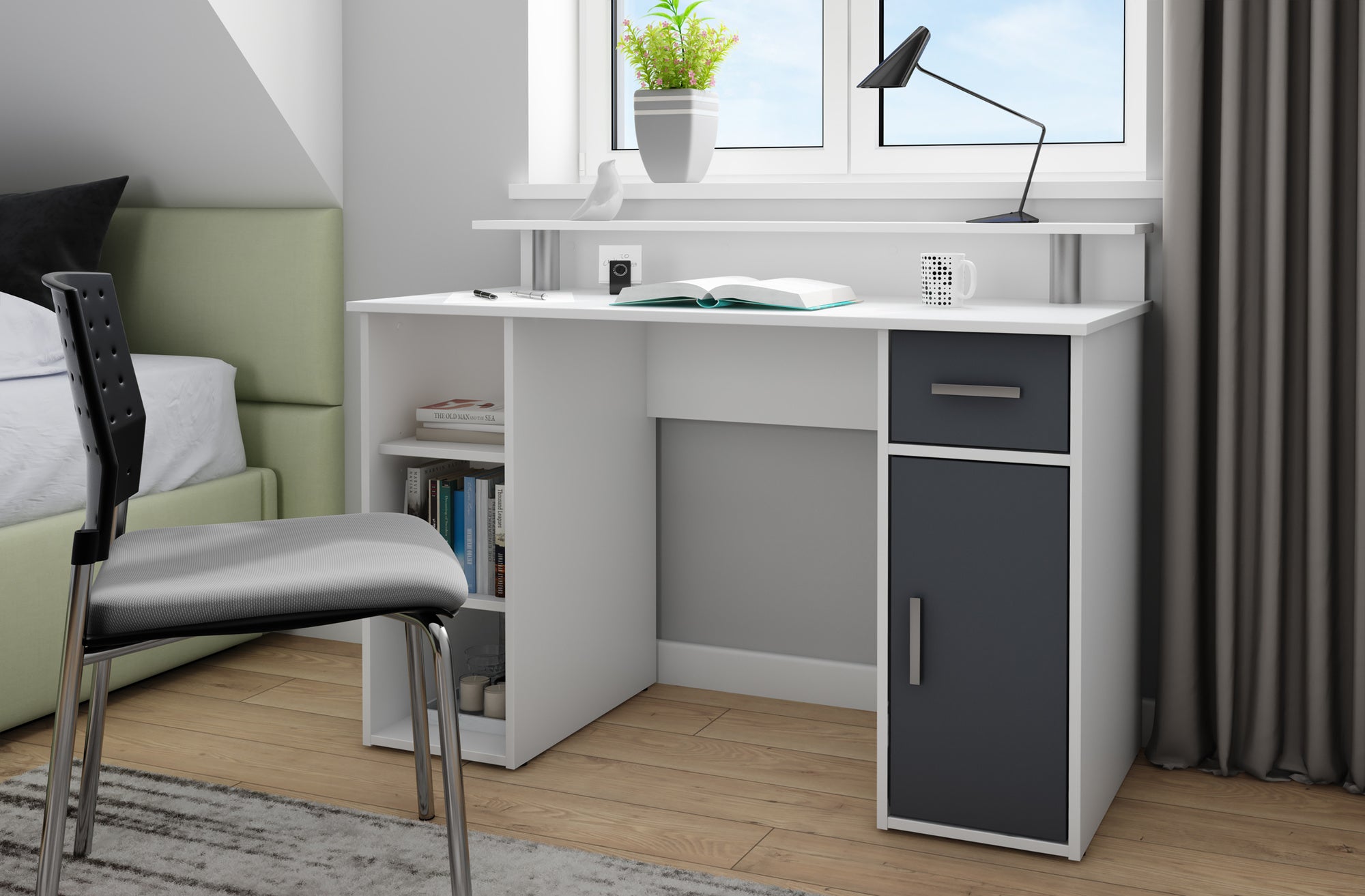 Schreibtisch DIEGO / Arbeits-Tisch mit viel Stauraum in Sonoma Eiche (Eiche-Optik), weiß, Old Wood (Altholz-Optik) / Computer-Tisch / 1 Schublade, 1 Tür, 3 offene Fächer / 120x88x55cm (BxHxT)