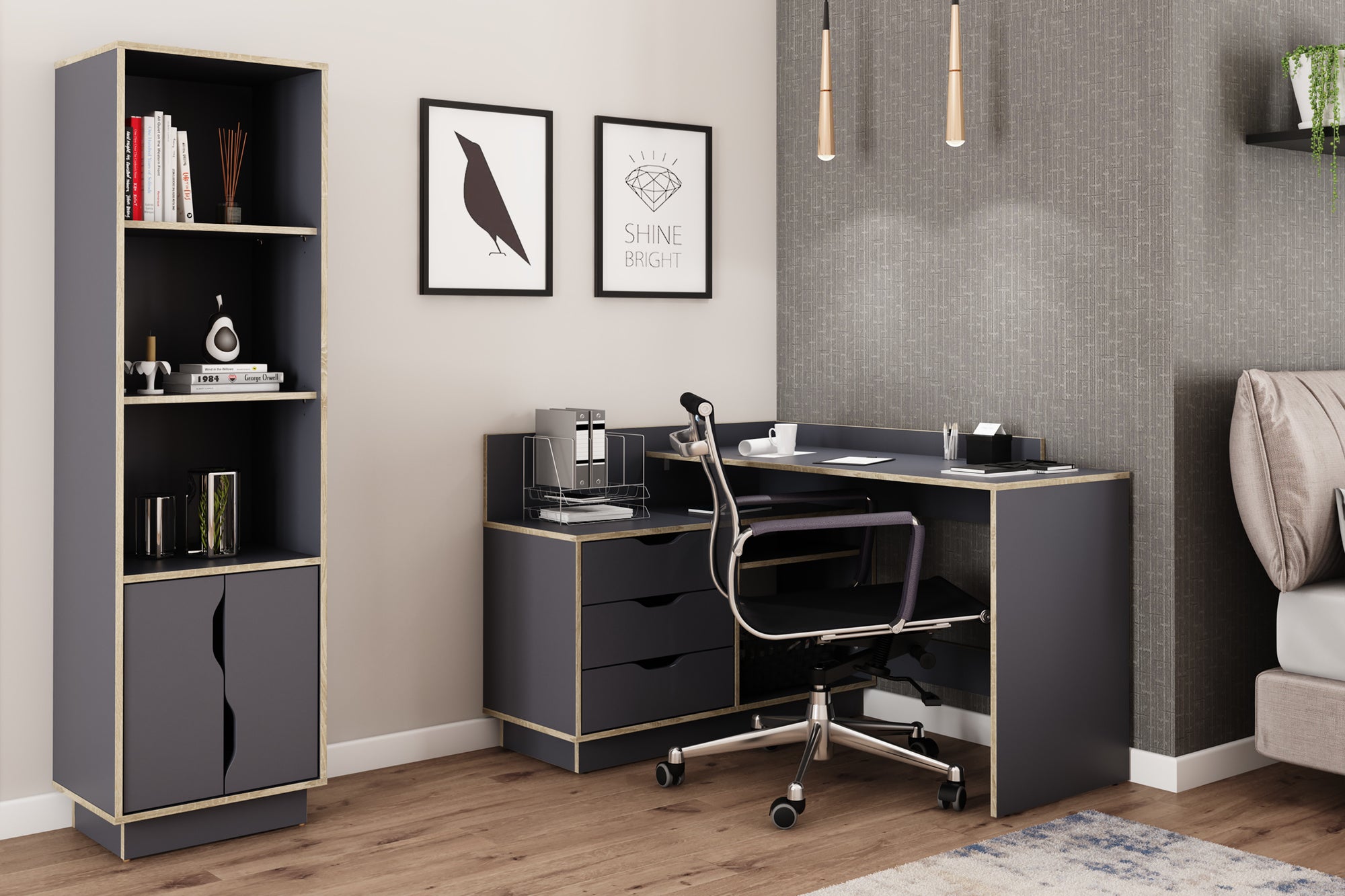 Winkelschreibtisch BELFAST / Rechts oder Links montierbar / 3 Schubkästen / Anthrazit, Weiß-Anthrazit, Artisan Eiche (Eiche-Optik) oder Old Wood (Altholz-Optik) /Bürotisch / Eckschreibtisch / Schreibtisch / B 129, H 83,5, T 105 cm