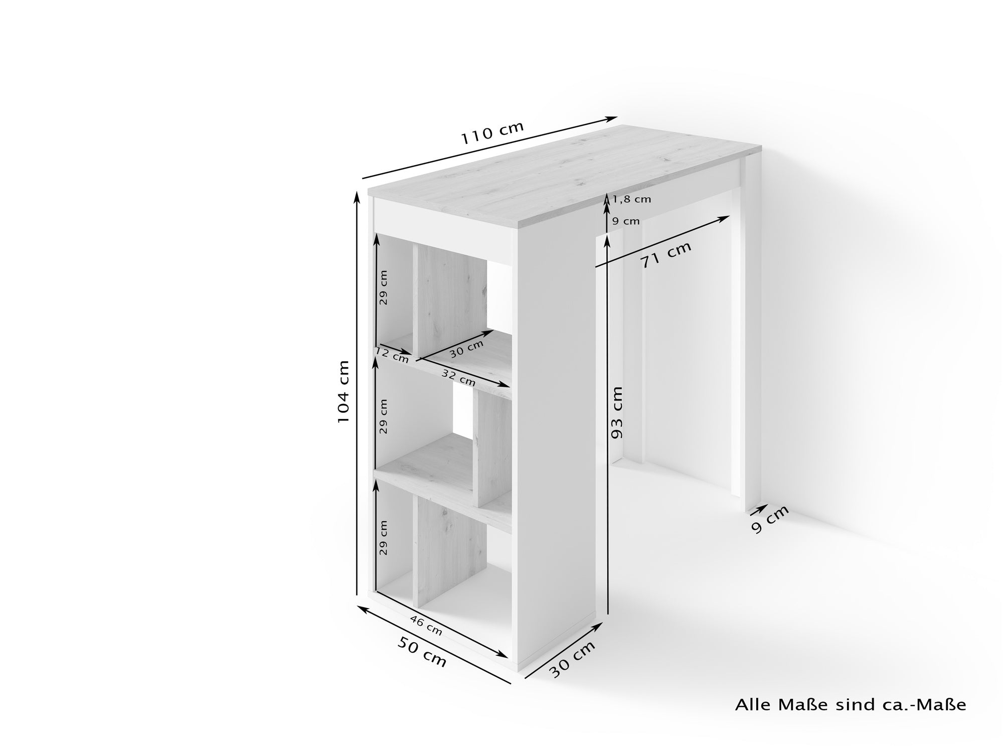 Bartisch MOBY / Moderner Küchentisch in Weiß / Tischplatte und Regale in Eichen-Holz-Optik Hell-Braun / Hoher Esstisch / Skandinavisches Design / B 110, H 104, T 50 cm